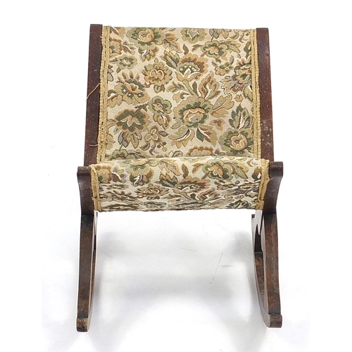 127 - Oak floral upholstered rocking footstool, 60cm high