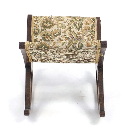 127 - Oak floral upholstered rocking footstool, 60cm high