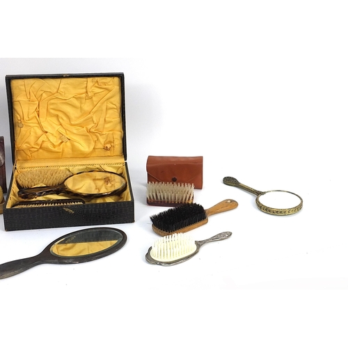 60 - Boxed tortoiseshell effect brush and mirror set, butterfly design mirror, brush and comb, ebony hand... 