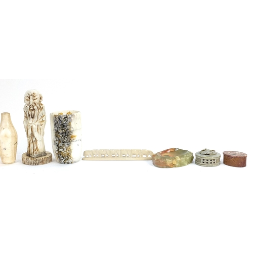 149 - Assorted natural stone and quartz items including vases, Chinese figure , the largest 21cm high