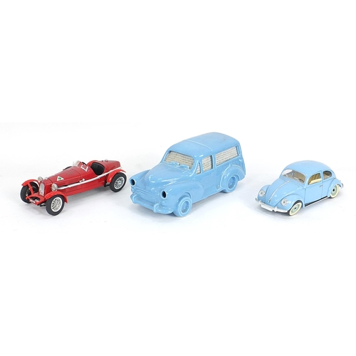 97 - Ceramic Morris Minor Traveller motor car together with a metal Volkswagen Beetle and Burago model ra... 