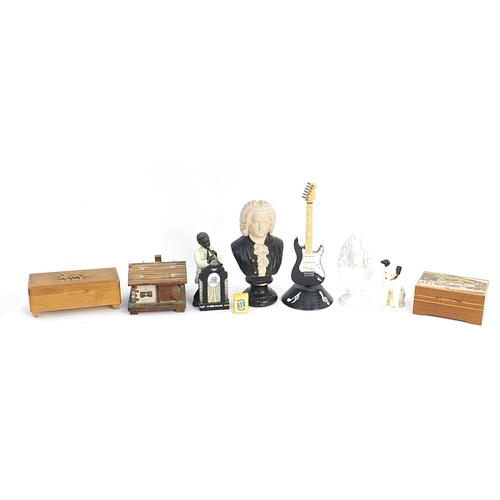 87 - Assorted musical items including wooden music boxes, Nipper china dog, Parian bust of Beethoven and ... 