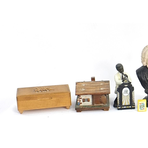 87 - Assorted musical items including wooden music boxes, Nipper china dog, Parian bust of Beethoven and ... 