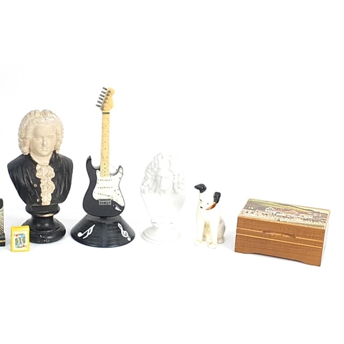 87 - Assorted musical items including wooden music boxes, Nipper china dog, Parian bust of Beethoven and ... 