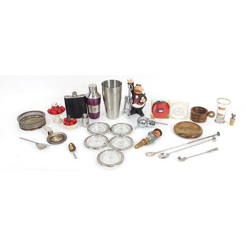 69 - Assorted drinking items including corkscrews, ceramic cherries, silver plated coasters, wooden cup h... 