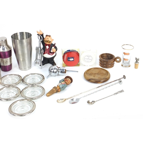 69 - Assorted drinking items including corkscrews, ceramic cherries, silver plated coasters, wooden cup h... 