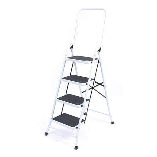 187 - As new white metal four step ladder, the top step 98cm high