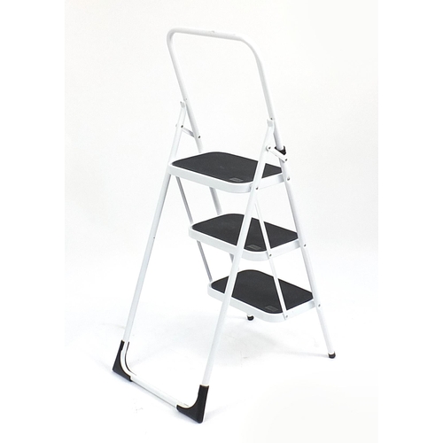 188 - As new white metal three step ladder,  the top step 74cm high