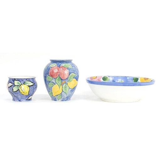 86 - Hand painted floral ceramic bowl, vase and planter , the bowl 33cm round