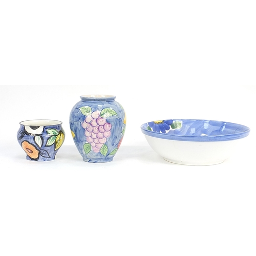 86 - Hand painted floral ceramic bowl, vase and planter , the bowl 33cm round