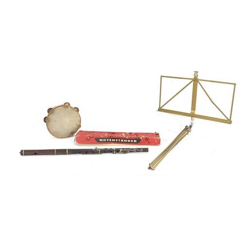 85 - Rosewood flute, Notenstander metal music stand and a tambourine, the flute 65cm in length