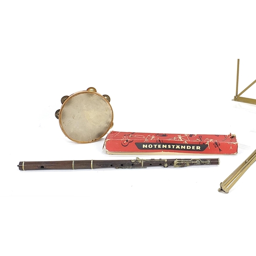 85 - Rosewood flute, Notenstander metal music stand and a tambourine, the flute 65cm in length