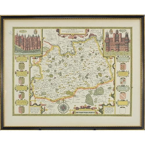 233 - Map of Surrey, print, framed and glazed, 62cm x 50cm excluding the mount and frame