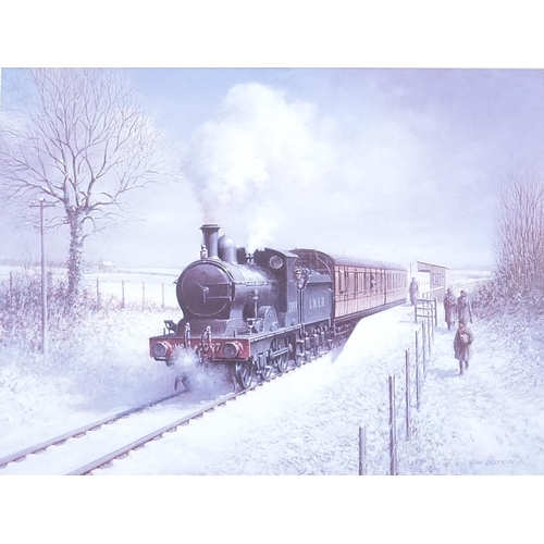 196 - Don Bradman - Winter Steam steam locomotive, railway interest contemporary print, framed, 62cm x 46c... 