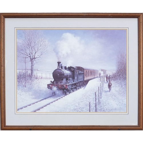 196 - Don Bradman - Winter Steam steam locomotive, railway interest contemporary print, framed, 62cm x 46c... 