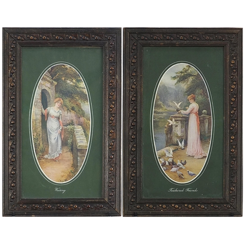 95 - Pair of Edwardian style prints in colour of ladies mounted in carved wooden berry design frames, ove... 