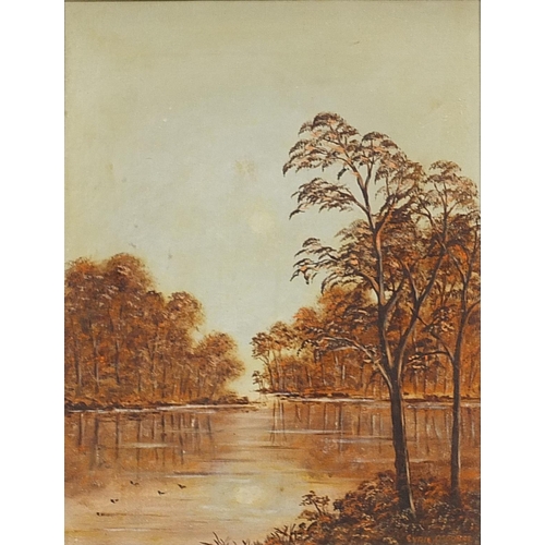 278 - Cyril Osborne - Autumnal wooded lake, oil on board, mounted and framed, 53cm x 43cm