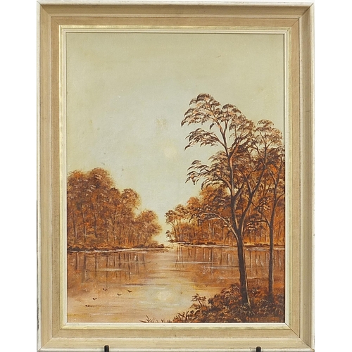 278 - Cyril Osborne - Autumnal wooded lake, oil on board, mounted and framed, 53cm x 43cm