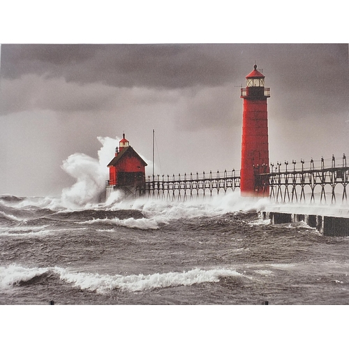 275 - Lighthouse and pier in rough sea, oil on canvas print, 80cm x 60cm