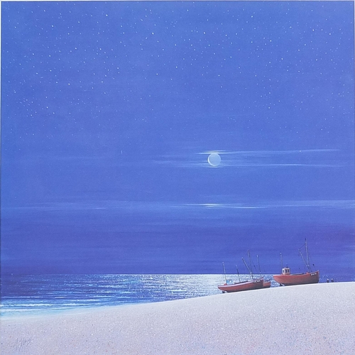 165 - Fishing boats on a shore with full moon and stars, contemporary print, framed, 58cm x 58cm excluding... 