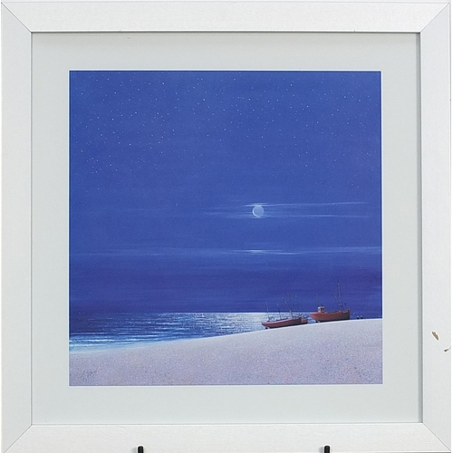 165 - Fishing boats on a shore with full moon and stars, contemporary print, framed, 58cm x 58cm excluding... 