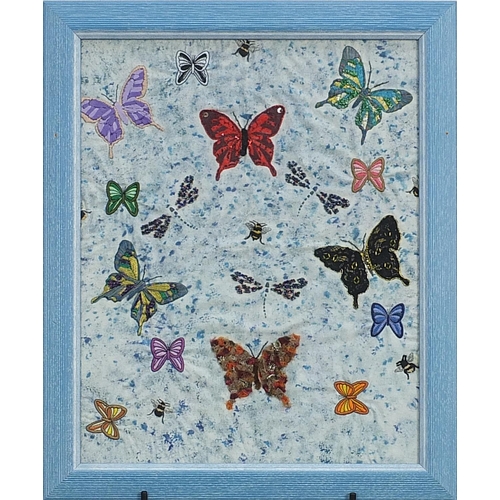 166 - Butterfly and bee, silk work collage, framed, 57cm x 48cm