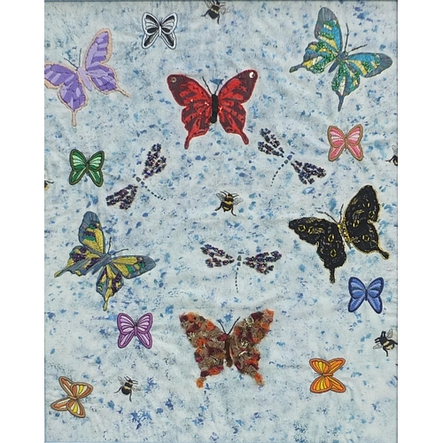 166 - Butterfly and bee, silk work collage, framed, 57cm x 48cm