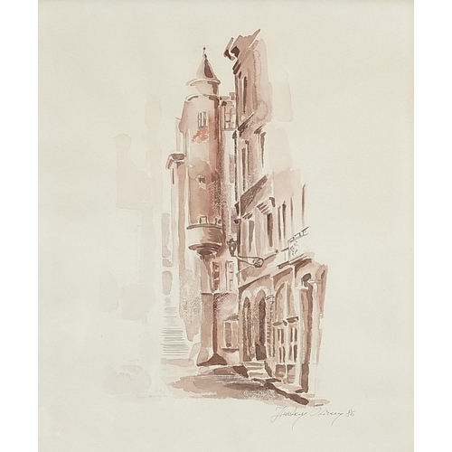 18 - J Curtkey Olivery  86 - Continental street, sepia watercolour, mounted and framed, 60cm x 50cm exclu... 