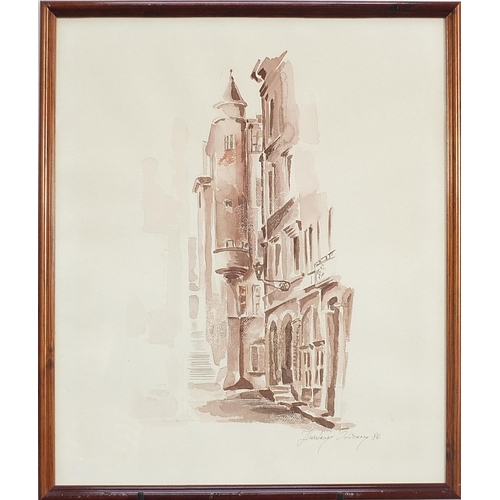 18 - J Curtkey Olivery  86 - Continental street, sepia watercolour, mounted and framed, 60cm x 50cm exclu... 