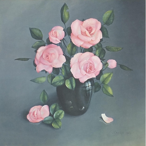 279 - Pink Roses, floral print, mounted and framed, 48cm x 48cm excluding the mount and frame