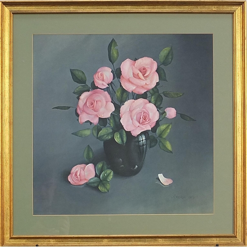 279 - Pink Roses, floral print, mounted and framed, 48cm x 48cm excluding the mount and frame