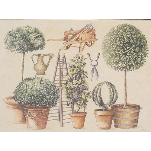 125 - Bonsai trees and gardening implements with steps,  print, mounted and framed, 40cm x 30cm excluding ... 