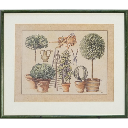 125 - Bonsai trees and gardening implements with steps,  print, mounted and framed, 40cm x 30cm excluding ... 