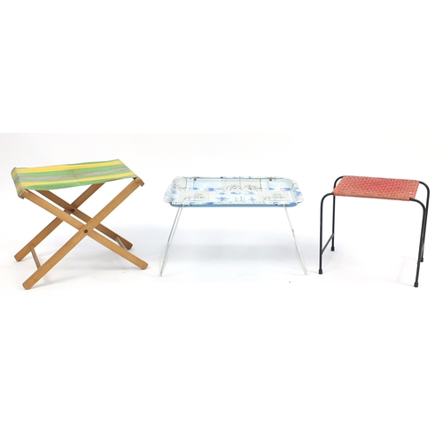 163 - Retro items including a tin tray topped table on stand, canvas stool and black metal string stool, t... 