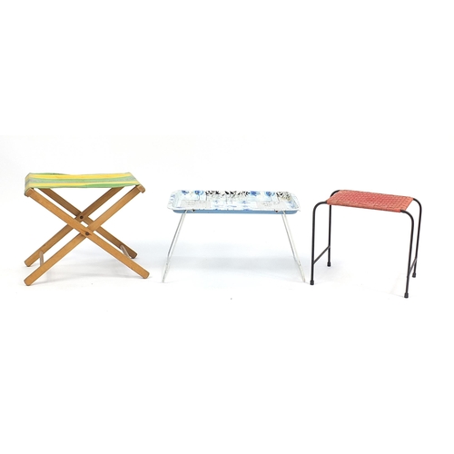 163 - Retro items including a tin tray topped table on stand, canvas stool and black metal string stool, t... 