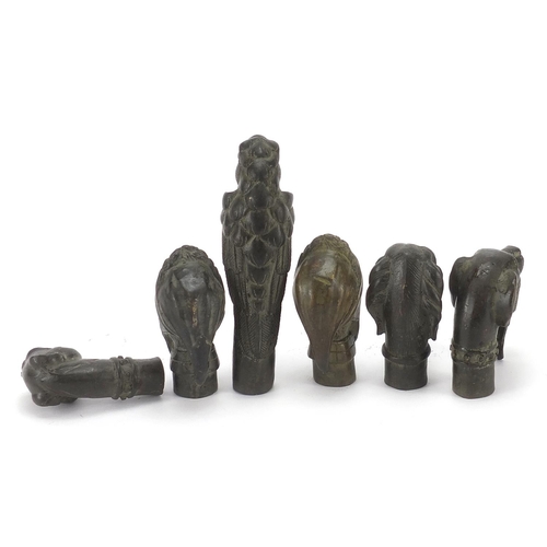 1982 - Six patinated bronze walking stick handles including dogs and a parrot, the largest 13cm in length