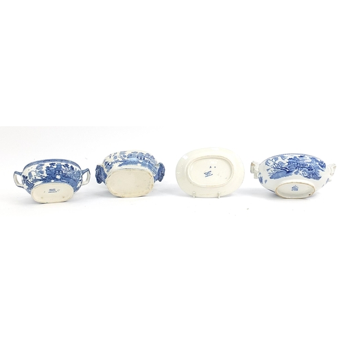 76 - Old blue and white Willow pattern tureens, covers and stands, the largest 20cm wide