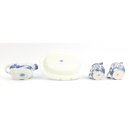 77 - Wedgwood blue and white Willow pattern including two jugs, sauce boat and meat plate, the largest 26... 