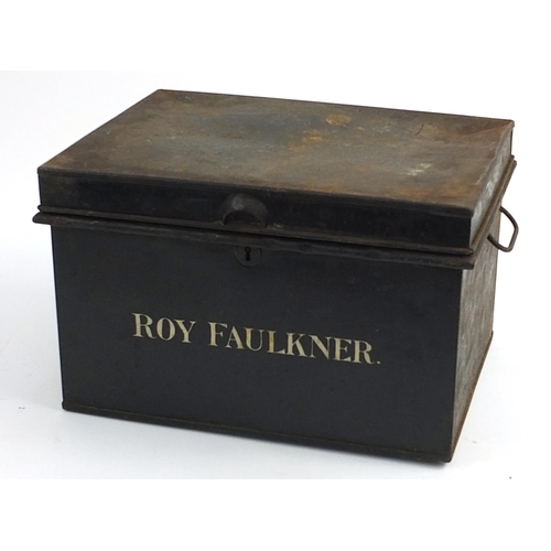 133 - Holmes & Son tin deed and cash box with No 10 the Bell-Yard Temple Bar London label , 26cm H x 40cm ... 