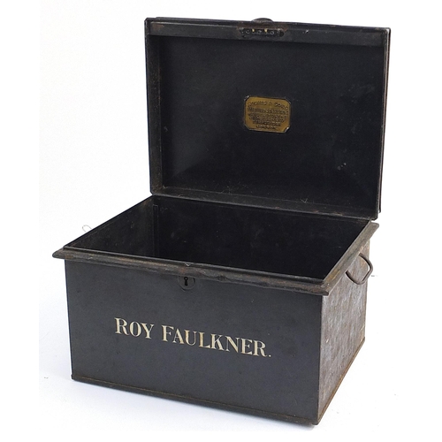 133 - Holmes & Son tin deed and cash box with No 10 the Bell-Yard Temple Bar London label , 26cm H x 40cm ... 