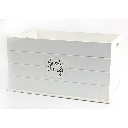 67 - Wooden white painted 'Lovely Things' box with cut out handles, 33cm H x 53cm W x 36cm D