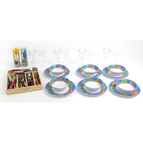 264 - Plastic fruit design picnic set, wine glasses and brightly coloured cutlery