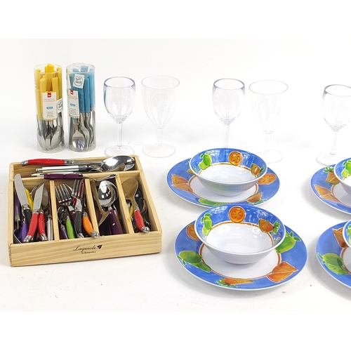 264 - Plastic fruit design picnic set, wine glasses and brightly coloured cutlery