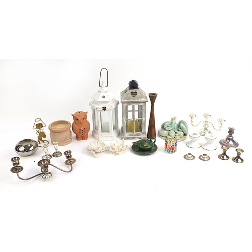 244 - Selection of candle holders including large wooden lantern, ceramic pebbles on a beach sculpture and... 