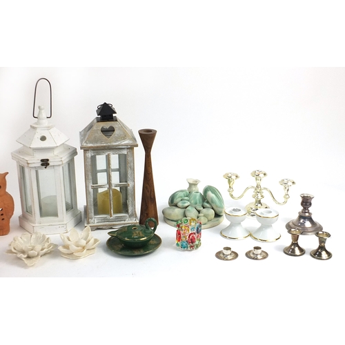 244 - Selection of candle holders including large wooden lantern, ceramic pebbles on a beach sculpture and... 