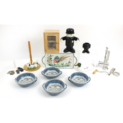 223 - Kitchen items including ceramic spaghetti bowls, fois gras duck dish, wooden egg cage, Spong mincer,... 