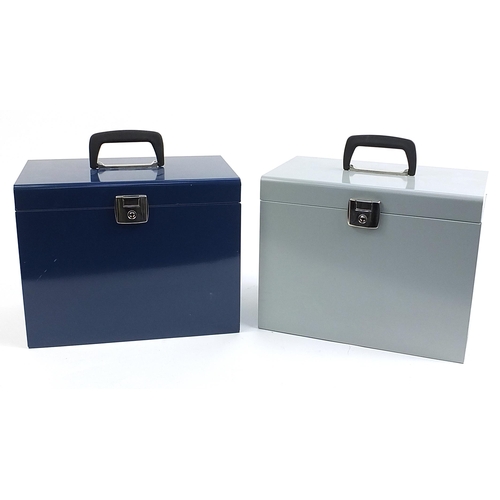 268 - Blue metal lockable filing case and similar grey metal lockable filing case, 30cm H x 37cm W x 22cm ... 