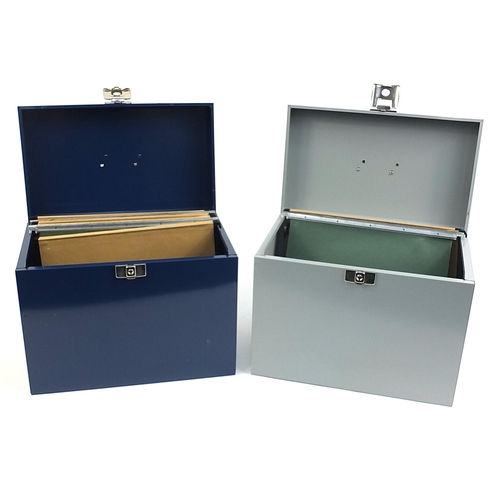 268 - Blue metal lockable filing case and similar grey metal lockable filing case, 30cm H x 37cm W x 22cm ... 