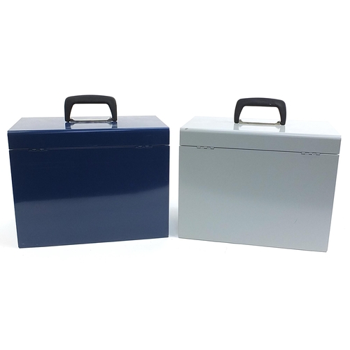 268 - Blue metal lockable filing case and similar grey metal lockable filing case, 30cm H x 37cm W x 22cm ... 