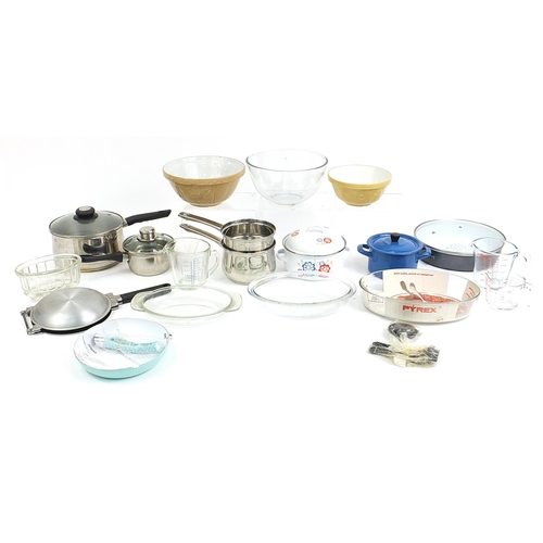 221 - Kitchenalia including saucepans, Pyrex glass dishes, bowls, ceramic mixing bowls, measuring jug and ... 